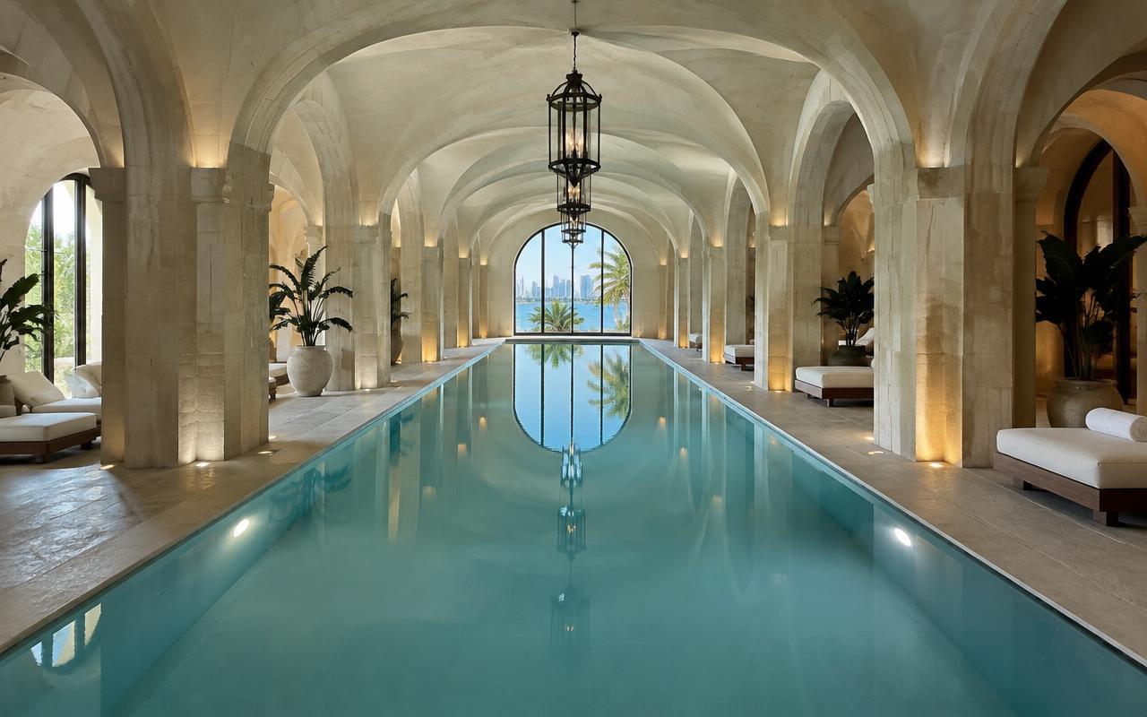 Spa & indoor lap pool — AI-generated concept rendering