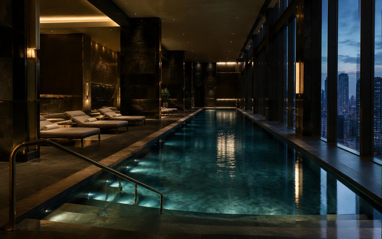 Spa & indoor lap pool — AI-generated concept rendering