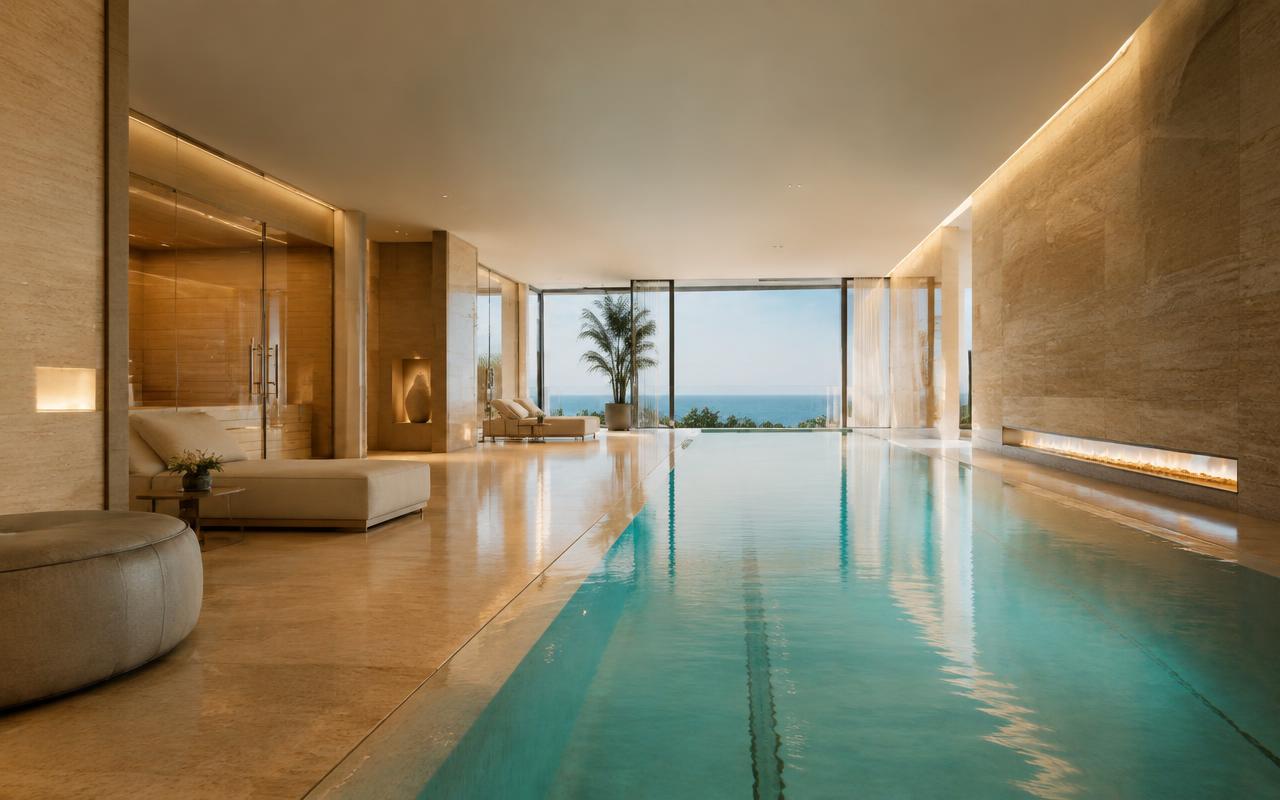 Spa & indoor lap pool — AI-generated concept rendering