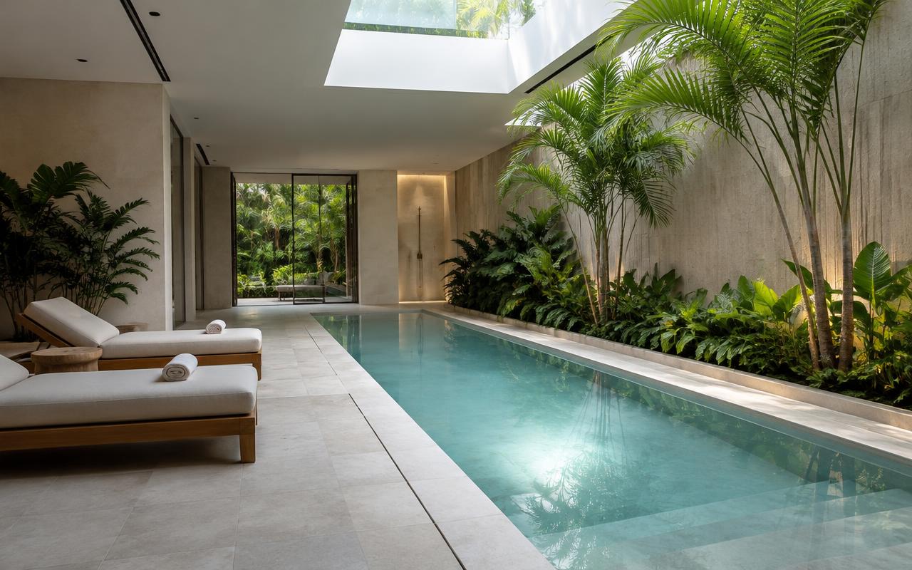 Spa & indoor lap pool — AI-generated concept rendering